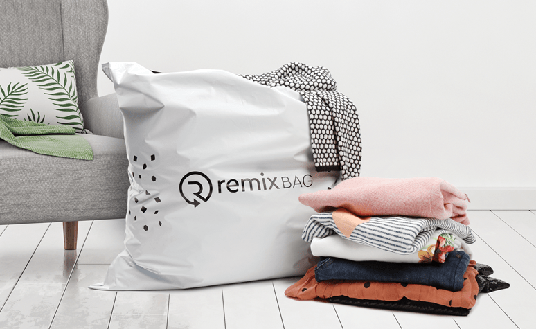 Remix bag that is sent to user to collect unwanted clothing for further resale, company website