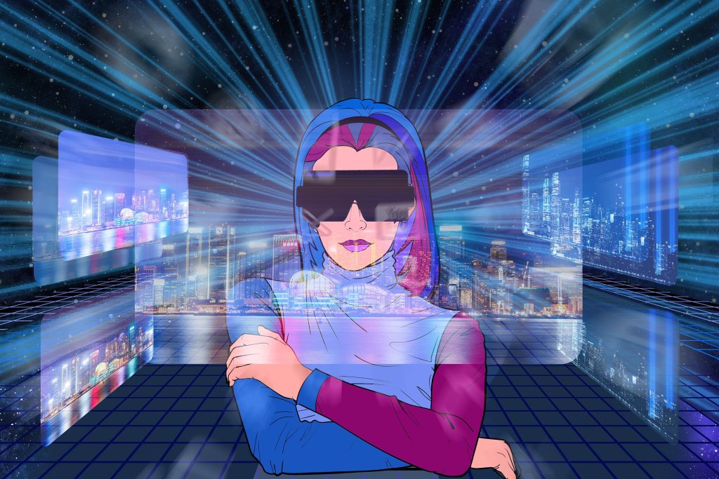an illustration of a woman in a virtual reality world
