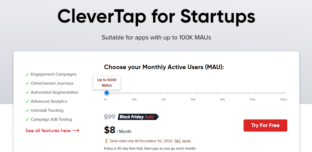 CleverTap for Startups is available for startups with as little as 5000 monthly active users