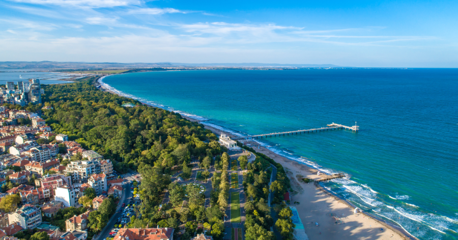 Wide aerial drone view over the sea garden in Burgas, Bulgaria.