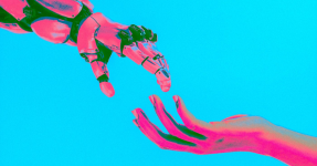 AI regulation pictured by a robotic and a human hand reaching for each other.