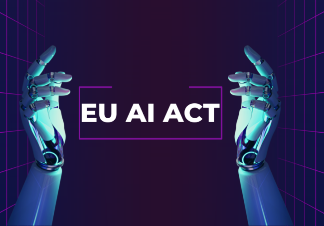 Two robotic hands on purple background, with text in the middle.
