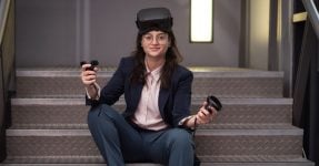 Woman with a VR device on her head