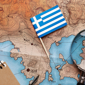 Map and the Greek flag