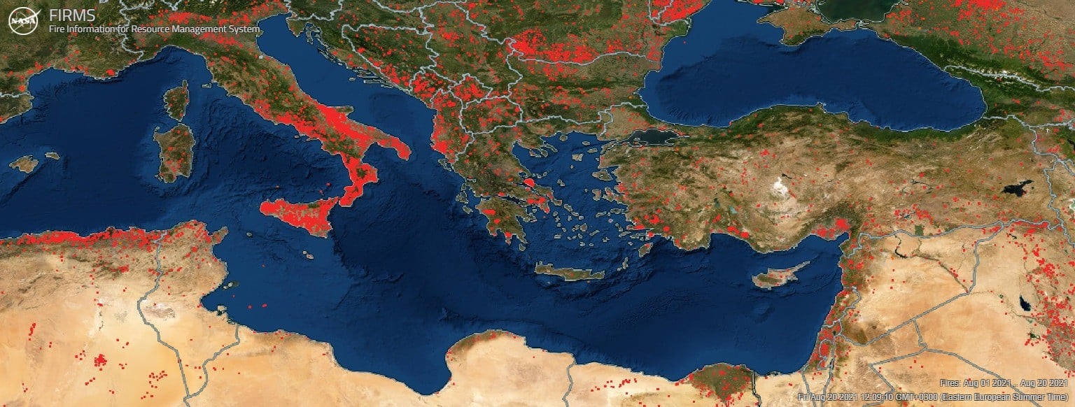 The summer 2021 wildfires in Southeast Europe according to the FIRMS satellite system.