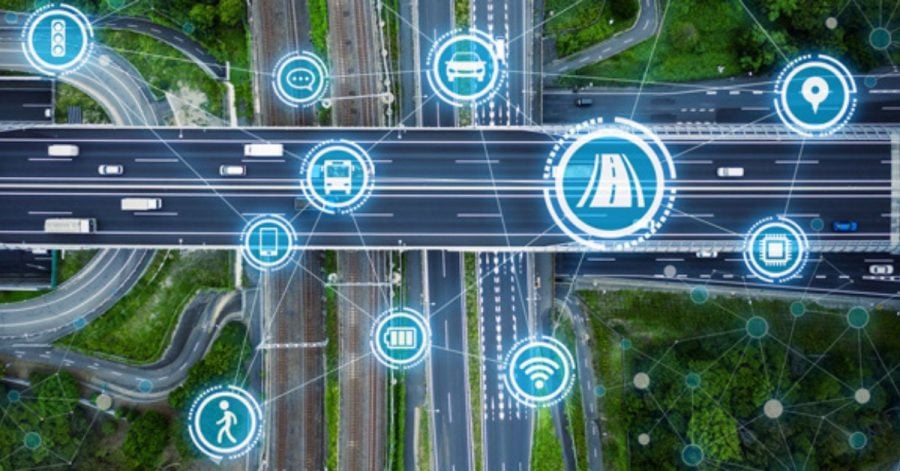 Two road are show on top of each other. Various blue circles are on top showing different transportation technologies.