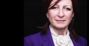sasha bezuhanova wearing purple suit on a black background